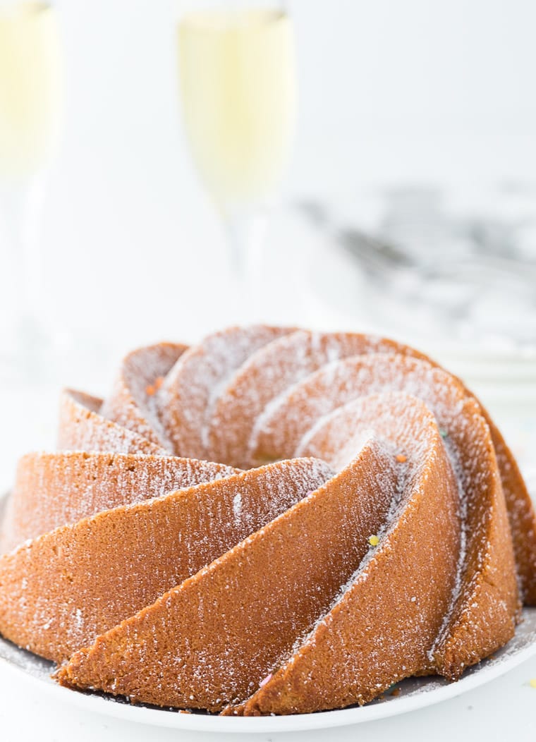 An easy moist and crumbly champagne pound cake recipe that is perfect for New Year's Eve celebrations. 