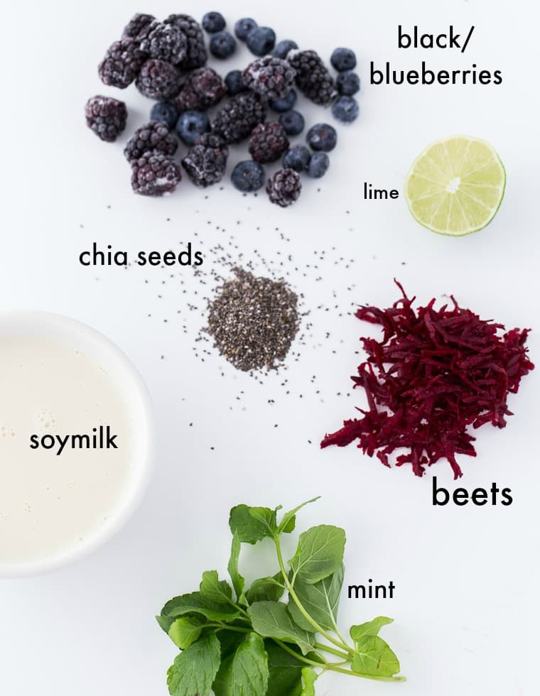 A healthy recipe to drink or slurp your fruits and veggies in this berry beets smoothie bowl with chia seeds, lime juice, honey and mint. 