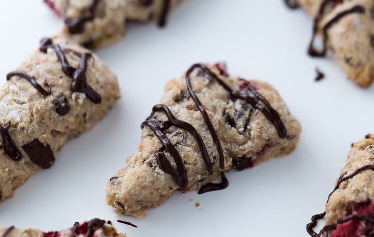 Chocolate strawberry scones made with whole wheat, Greek yogurt and chocolate chunks. They are perfect with a cup of tea. 