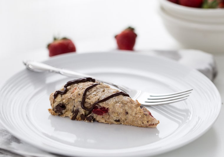 Chocolate strawberry scones made with whole wheat, Greek yogurt and chocolate chunks. They are perfect with a cup of tea. 