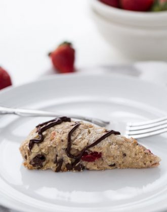 Chocolate strawberry scones made with whole wheat, Greek yogurt and chocolate chunks. They are perfect with a cup of tea.