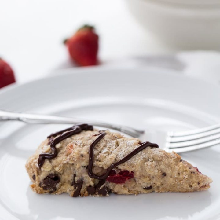 Chocolate strawberry scones made with whole wheat, Greek yogurt and chocolate chunks. They are perfect with a cup of tea.