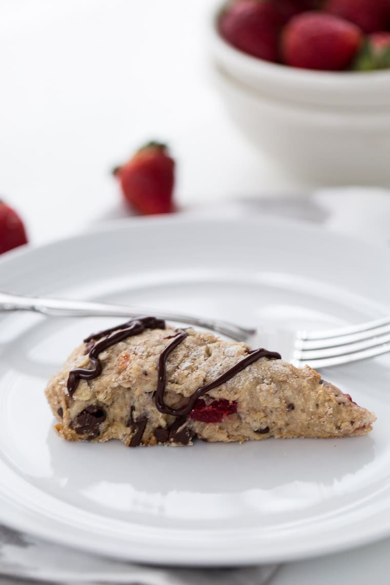 Chocolate strawberry scones made with whole wheat, Greek yogurt and chocolate chunks. They are perfect with a cup of tea. 