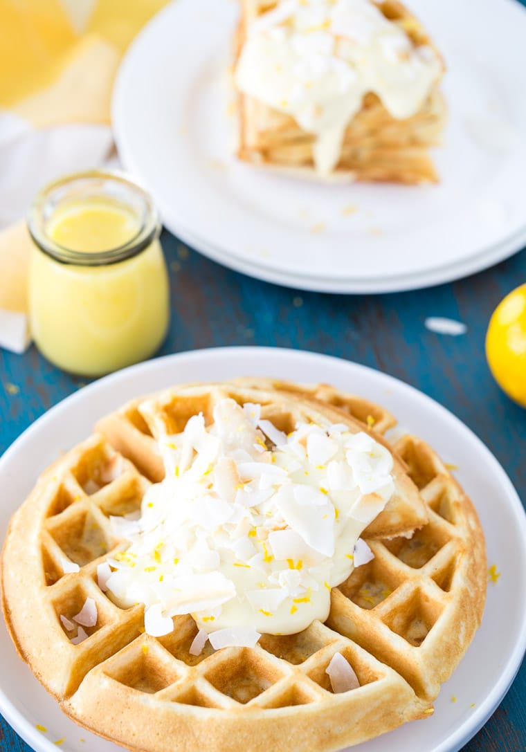 These coconut lemon creme waffles takes your ordinary waffle recipe to a new level with coconut and lemon zest in the waffles to a creamy lemon pie topping. 