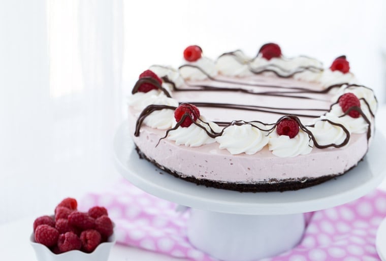 An easy no-bake Raspberry Greek Yogurt Cheesecake with chocolate crust and fresh raspberry. 