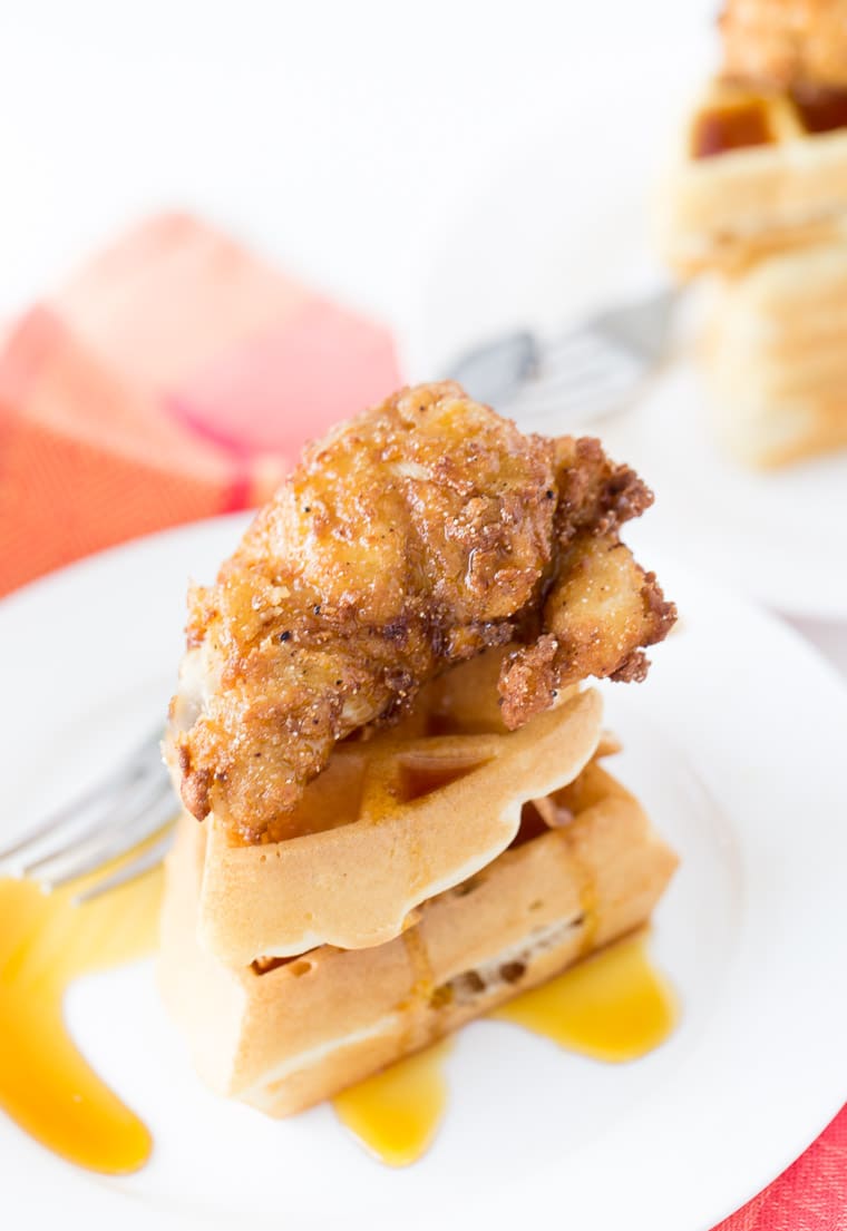 A classic chicken and waffle recipe with soft buttermilk waffles and homemade fried chicken that is moist and crispy.