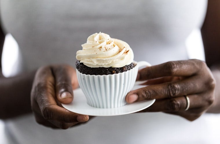 These Chile Mocha Cupcakes are just like the coffee drink. Sweet and spicy with cocoa, cinnamon and vanilla in the cupcakes and a dash of chile.