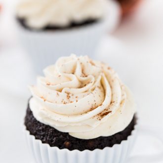 These Chile Mocha Cupcakes are just like the coffee drink. Sweet and spicy with cocoa, cinnamon and vanilla in the cupcakes and a dash of chile.