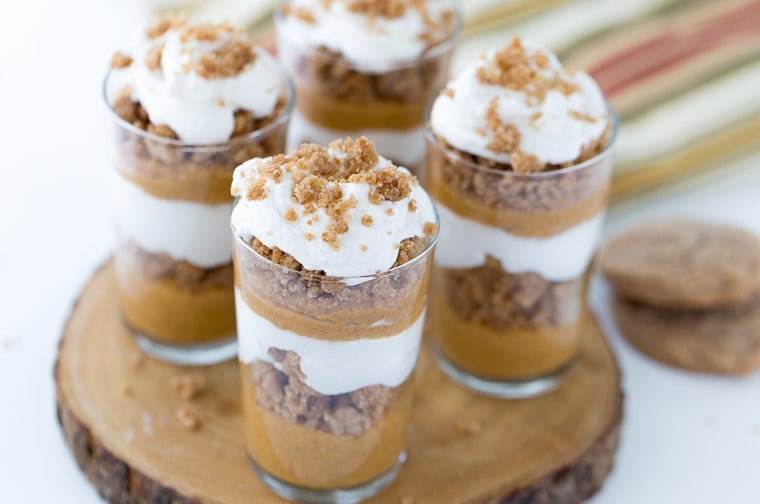 These no bake pumpkin pie triffles are easy to make. With pumpkin pie filling, pumpkin spice cookies and whipped cream, it is great for Thanksgiving. 