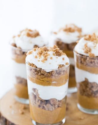 These no bake pumpkin pie triffles are easy to make. With pumpkin pie filling, pumpkin spice cookies and whipped cream, it is great for Thanksgiving.