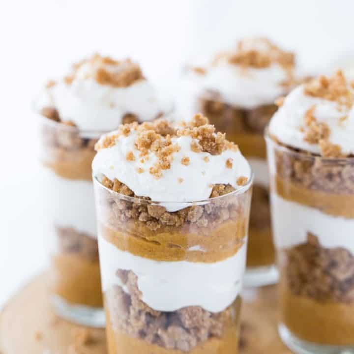 These no bake pumpkin pie triffles are easy to make. With pumpkin pie filling, pumpkin spice cookies and whipped cream, it is great for Thanksgiving.