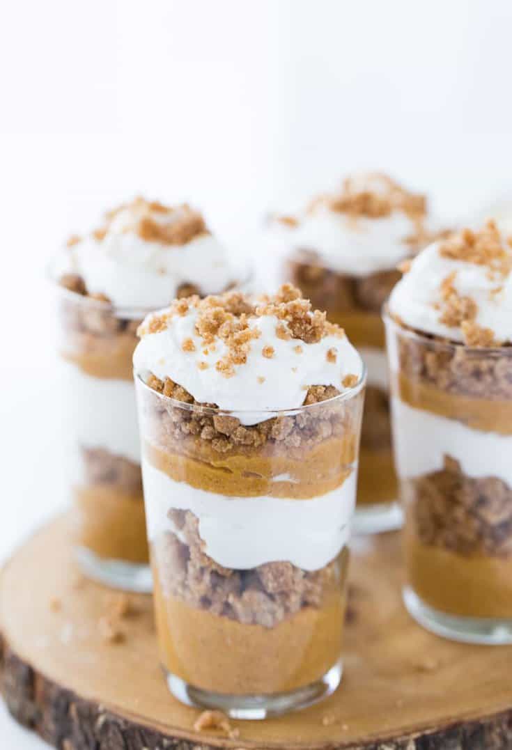 These no bake pumpkin pie triffles are easy to make. With pumpkin pie filling, pumpkin spice cookies and whipped cream, it is great for Thanksgiving. 