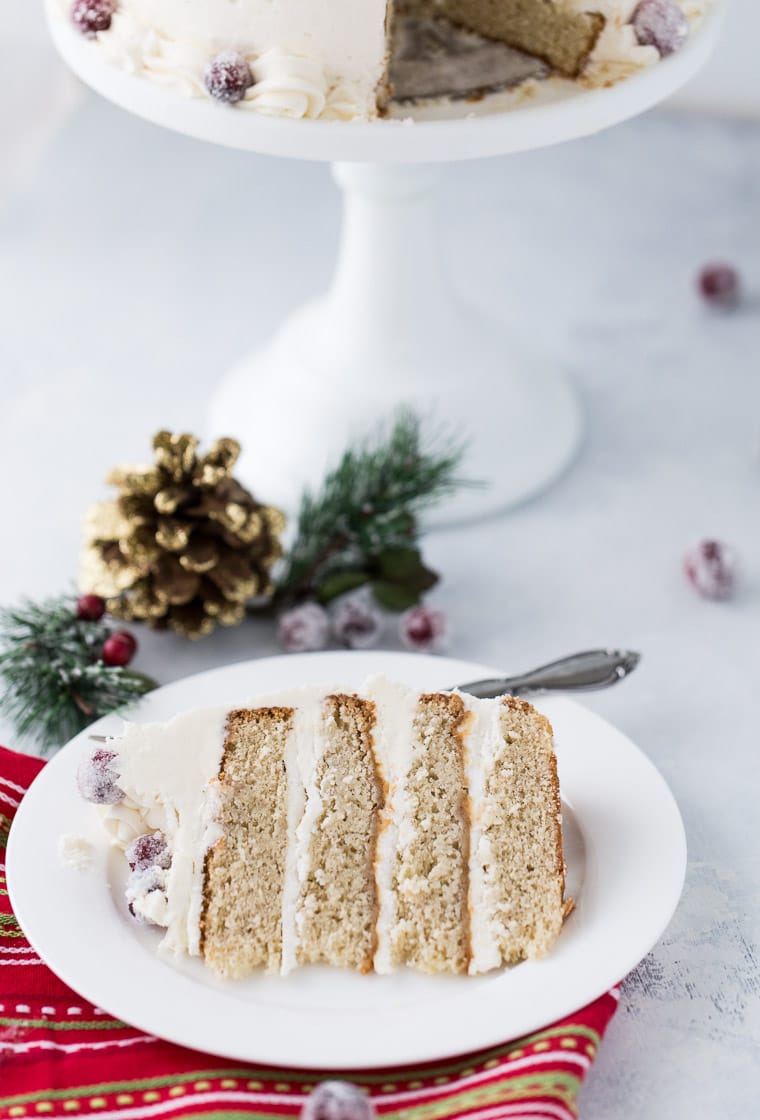 This eggnog bourbon cake is moist, perfectly spiced and topped with whipped bourbon frosting. 