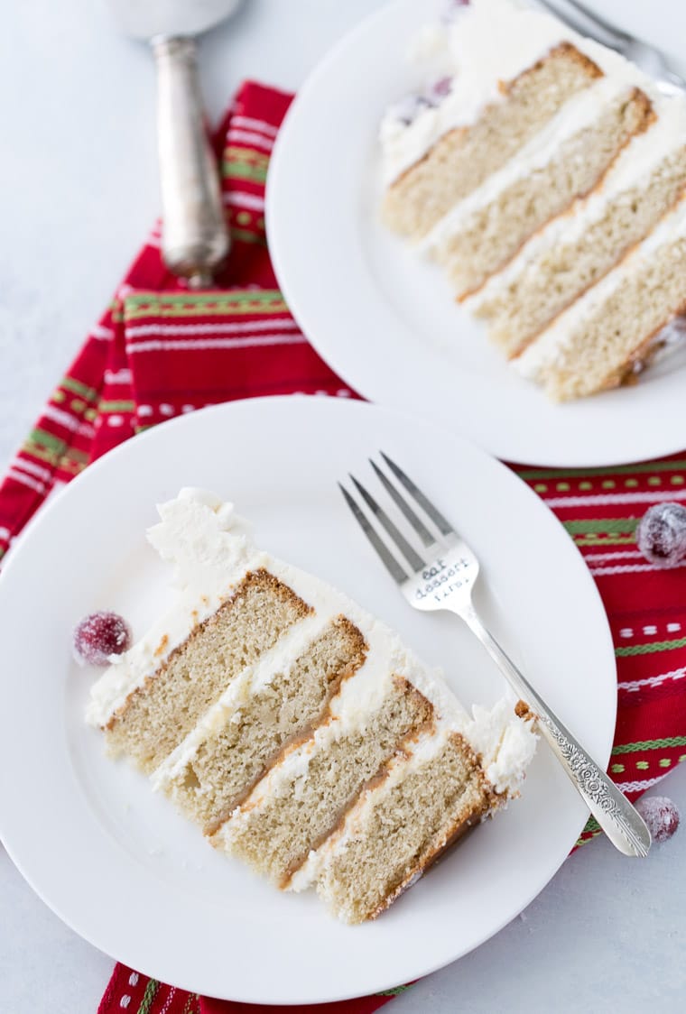 This eggnog bourbon cake is moist, perfectly spiced and topped with whipped bourbon frosting. 