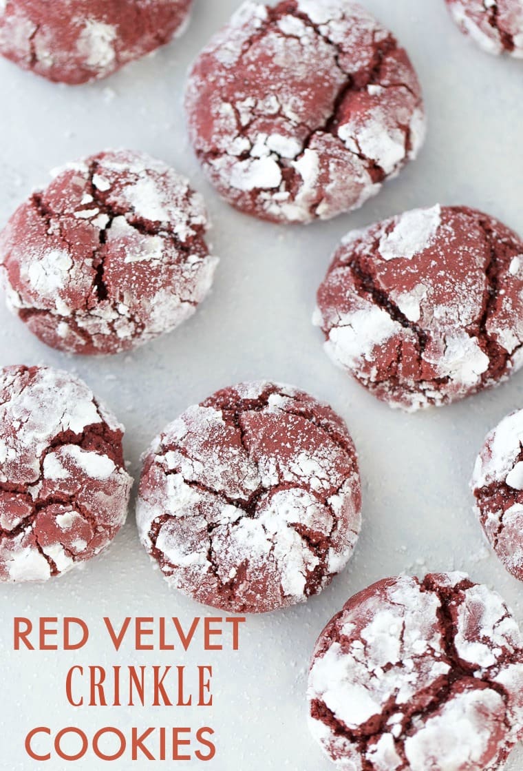 These red velvet crinkle cookies are soft, cake-like vanilla cookies with hints of chocolate and that amazing red velvet flavor.