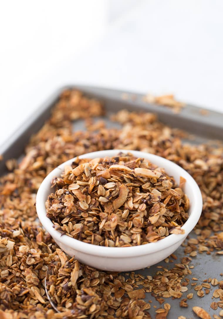 This homemade coconut chocolate chip granola is great for quick snacks and with your breakfast yogurt
