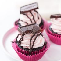 These chocolate strawberry cupcakes are perfect for your Valentine! Decadent dark chocolate cupcakes topped with a whipped fresh strawberry frosting.