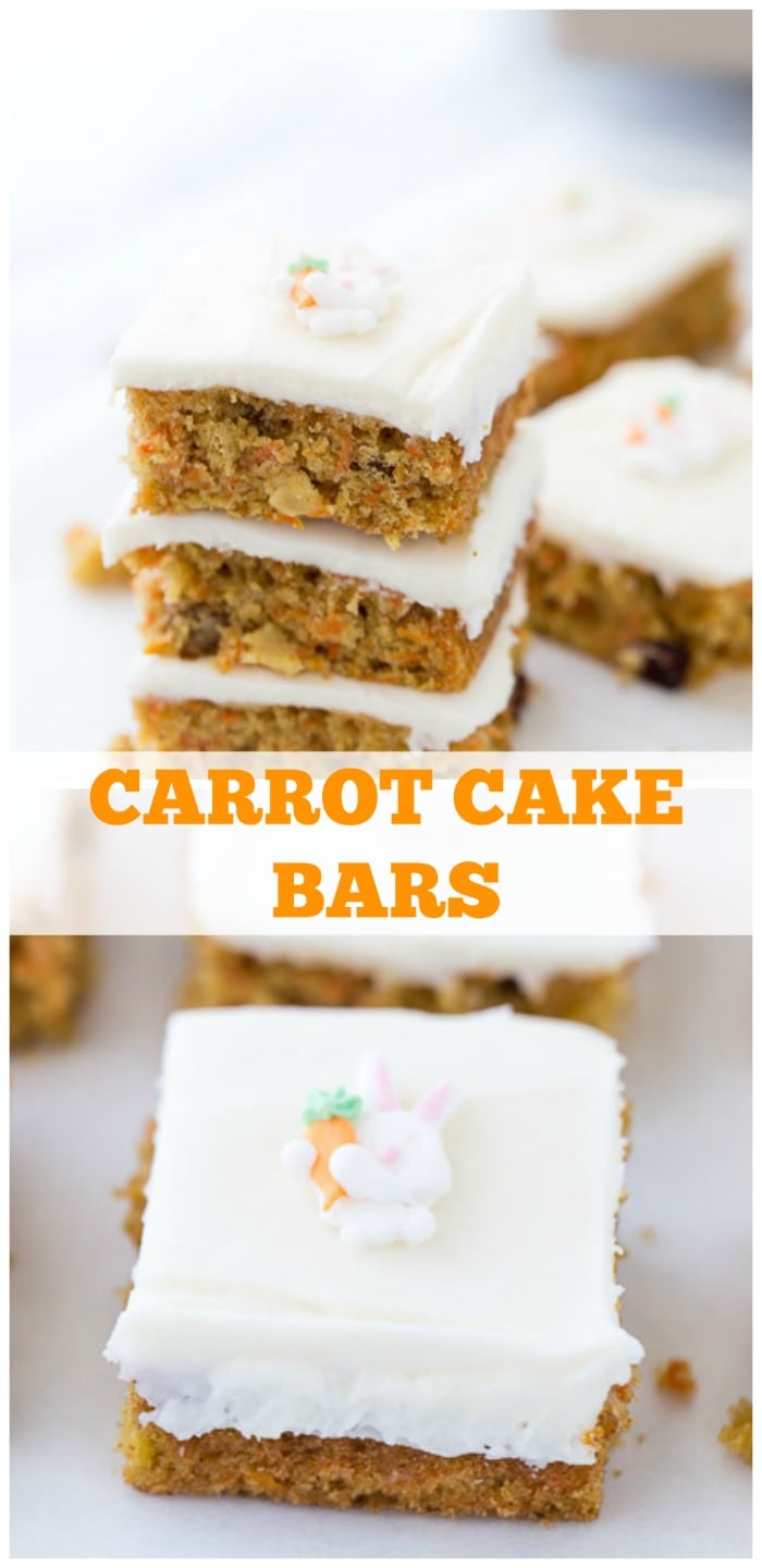 These carrot cake bars are your favorite Easter recipe with perfectly spiced carrot cake and a sweet orange cream cheese frosting.