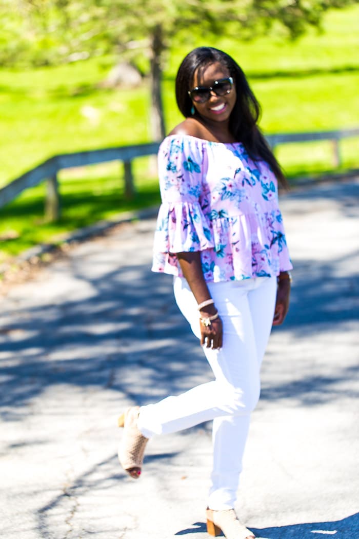 Blue and white best sale off the shoulder top