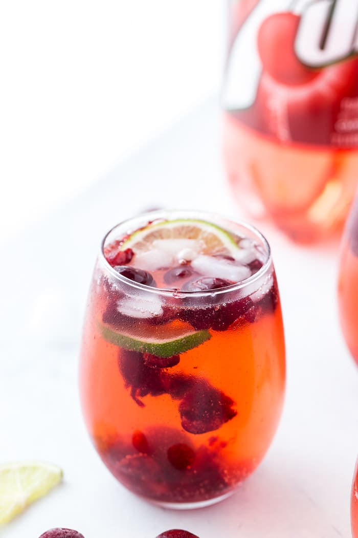 Made with fresh cherries, lime juice, a hint of almond extract and bubbling 7UP Cherry, this cherry almond sparkler is bursting with summer flavors.