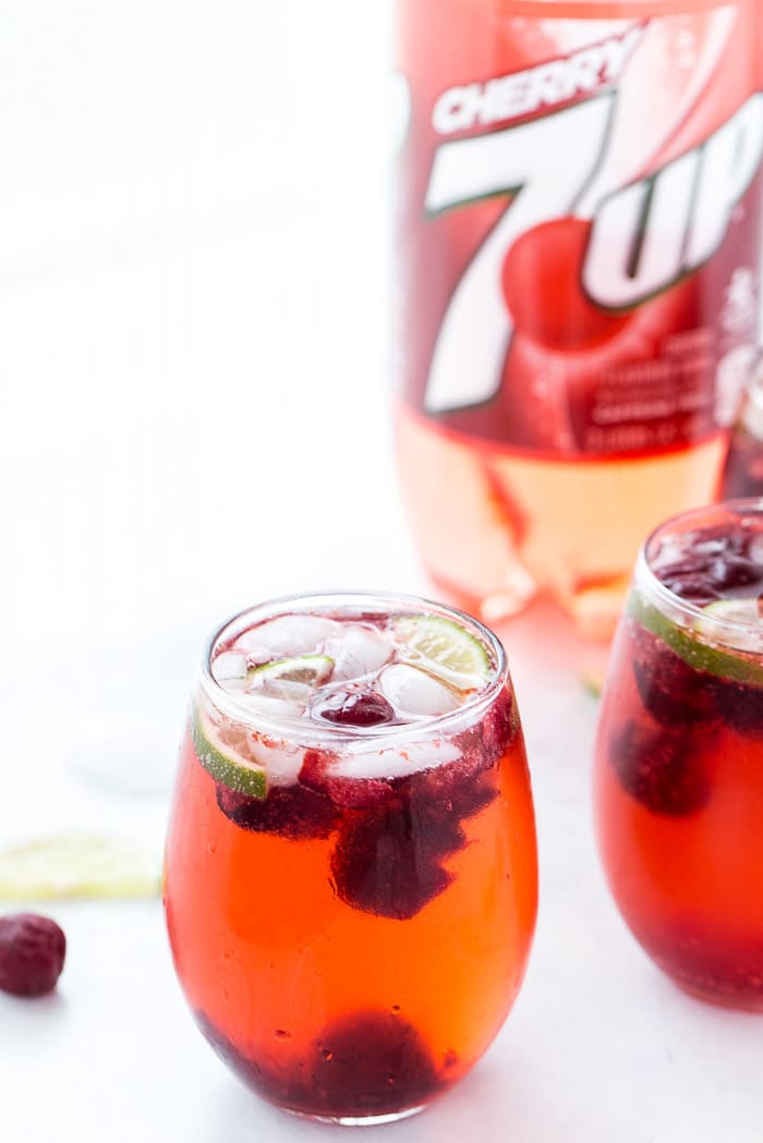 Made with fresh cherries, lime juice, a hint of almond extract and bubbling 7UP Cherry, this cherry almond sparkler is bursting with summer flavors.