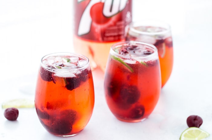 Made with fresh cherries, lime juice, a hint of almond extract and bubbling 7UP Cherry, this cherry almond sparkler is bursting with summer flavors.