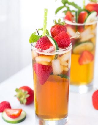 This classic Pimm's cup recipe is refreshing with a splash of orange blossom water and filled with fresh strawberries and sliced cucumber.