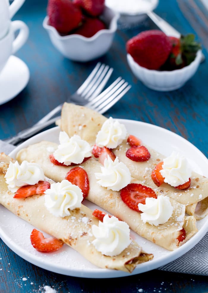 These sweet strawberry mascarpone crepes are filled with creamy Italian mascarpone cheese and macerated strawberries. They are perfect for brunch! 