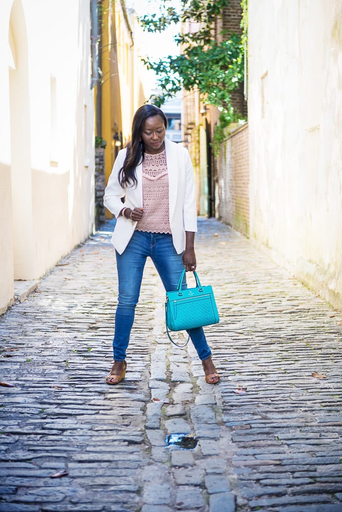 white blazer and jeans outfit