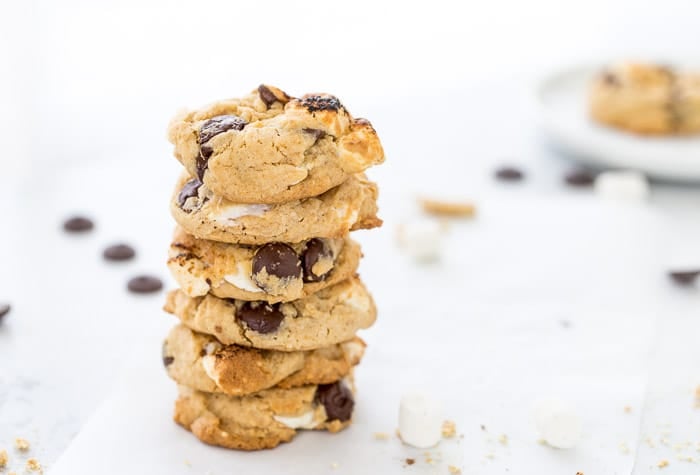 These S'mores Chocolate Chip Cookies are ooey-gooey perfection with a graham cracker cookie base filled with chocolate chips and mini marshmallows.