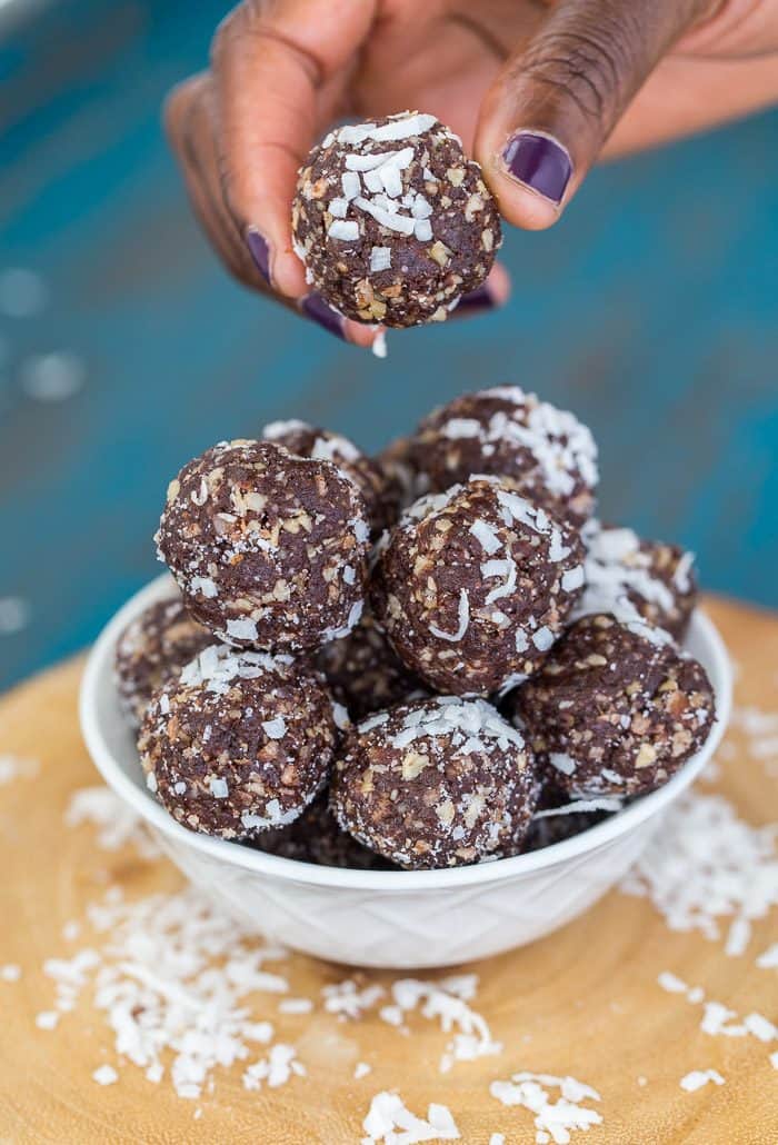 These brownie energy bites use only 5 ingredients. They are hearty, indulgent and will fuel your mid-afternoon cravings. Dairy-free, vegan, gluten free.