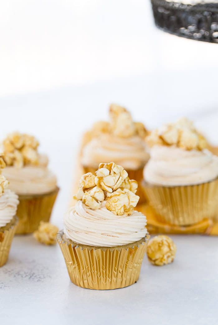 These caramel corn cupcakes are sweet with nutty brown butter cupcakes topped with fluffy caramel frosting. You get all your favorite caramel corn notes.