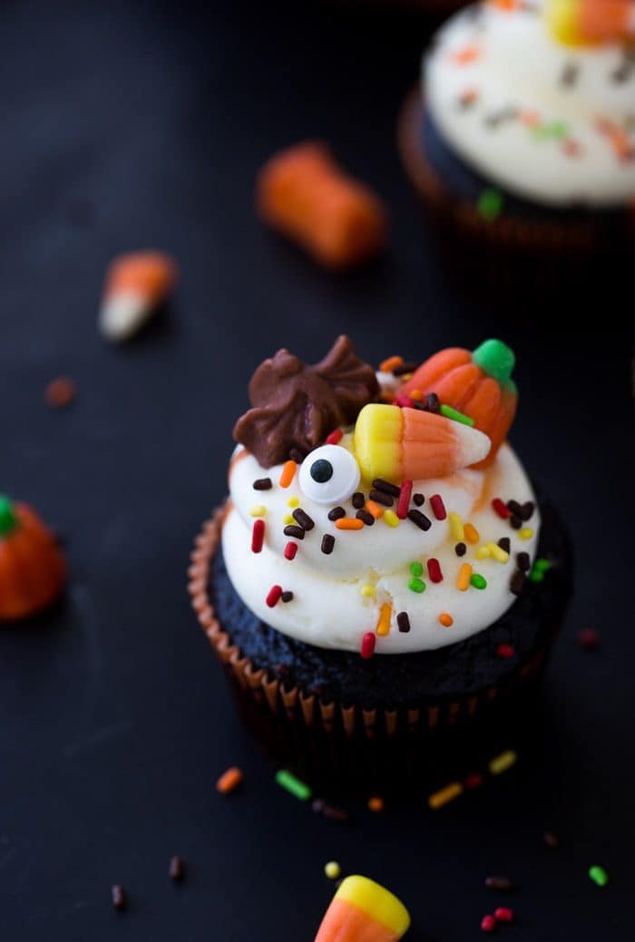 These chocolate Halloween cupcakes are festive, simple to pull together with my one-bowl chocolate cupcake recipe and easy decorations for the holiday.