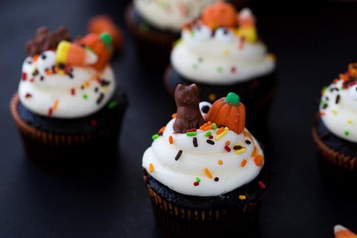 These chocolate Halloween cupcakes are festive, simple to pull together with my one-bowl chocolate cupcake recipe and easy decorations for the holiday.