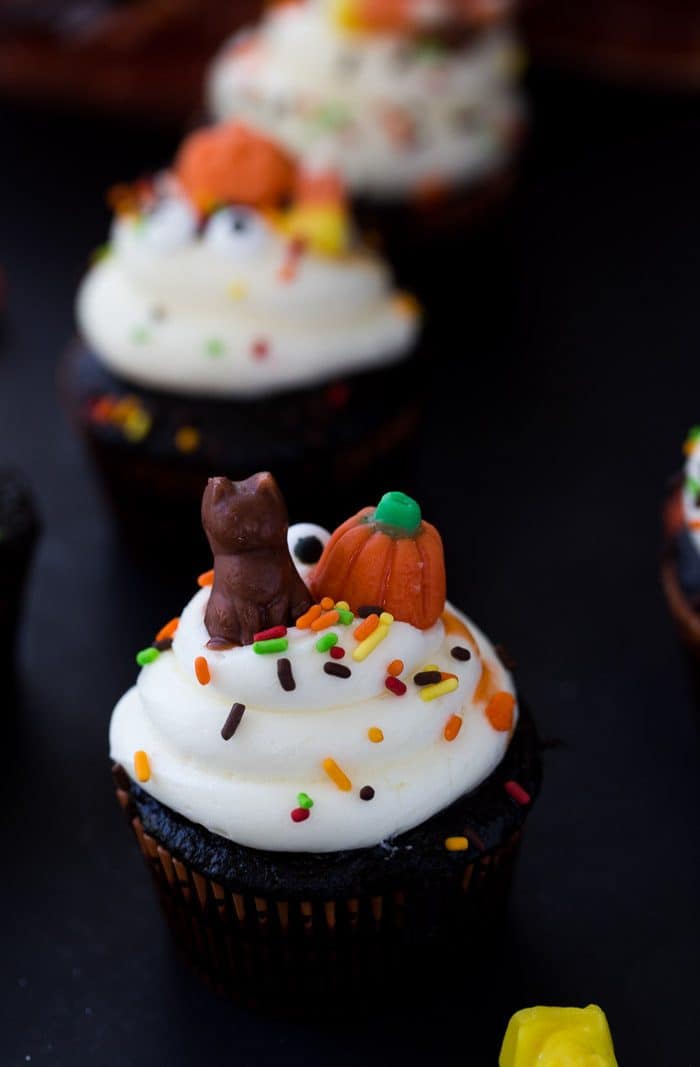 These chocolate Halloween cupcakes are festive, simple to pull together with my one-bowl chocolate cupcake recipe and easy decorations for the holiday.