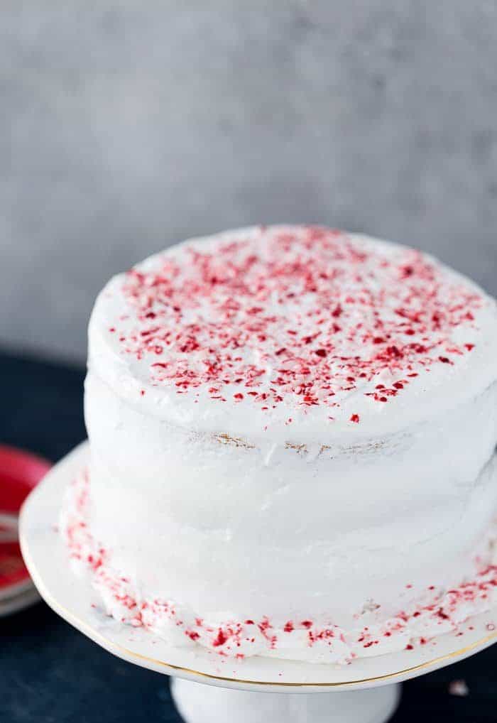 This peppermint layered cake is a holiday special with an airy, light peppermint crunch cake with a sweet peppermint cloud frosting. It's winter perfection.