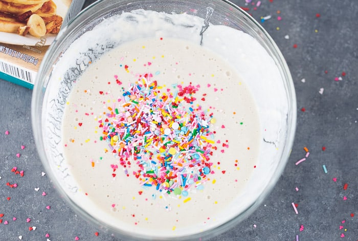 A bowl of funfetti pancake batter.