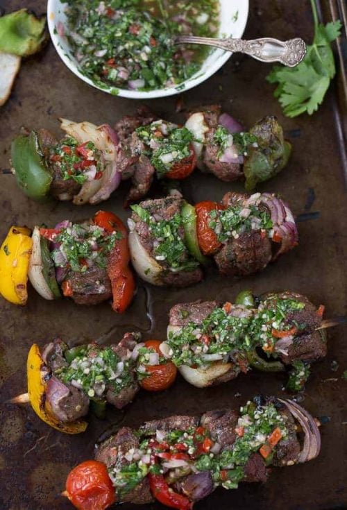beef kebabs with chimichurri sauce