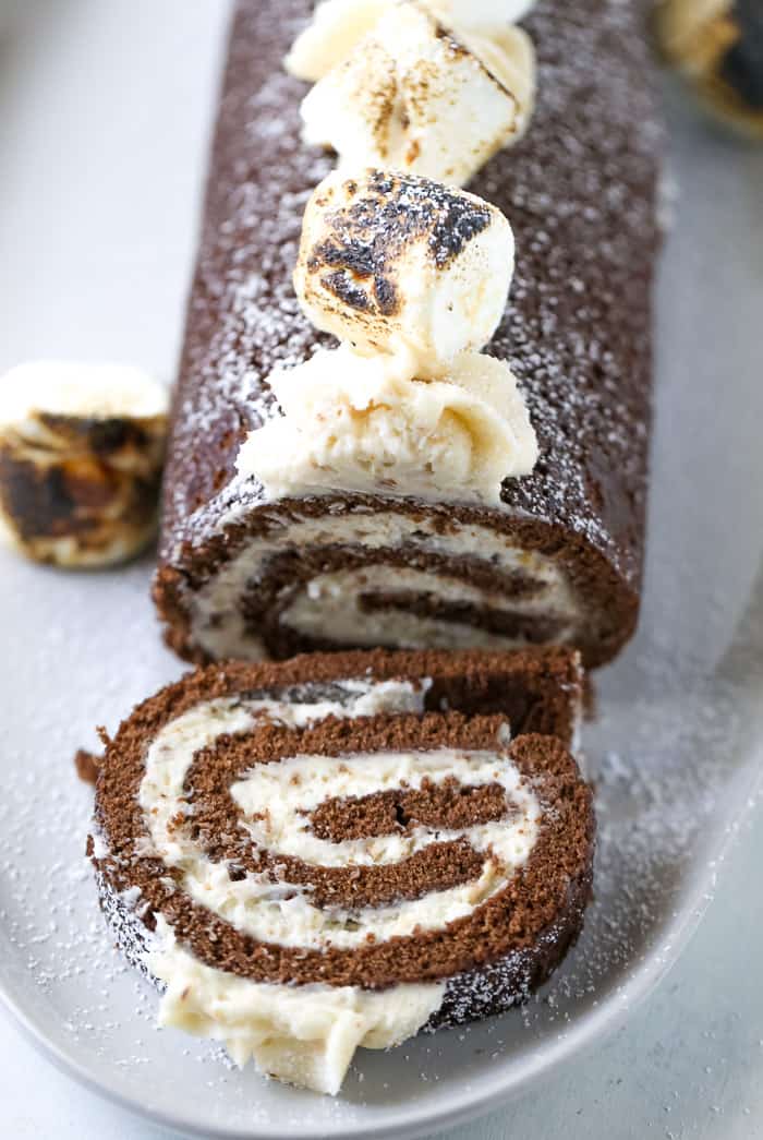 Chocolate Swiss Roll Cake with Toasted Marshmallow Frosting