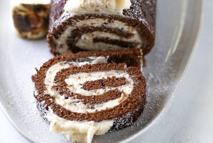 Chocolate Swiss Roll Cake with Toasted Marshmallow Frosting