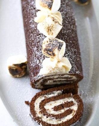Chocolate Swiss Roll Cake with Toasted Marshmallow Frosting