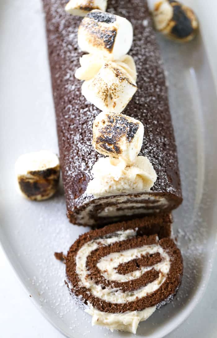 Chocolate Swiss Roll Cake with Toasted Marshmallow Frosting