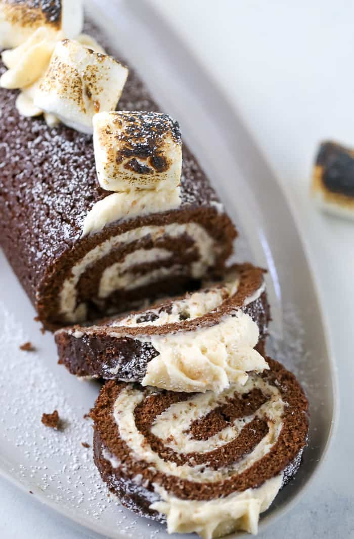 Chocolate Swiss Roll Cake with Toasted Marshmallow Frosting