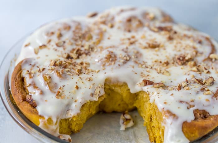 Pumpkin Cinnamon Rolls with Maple Frosting - Grandbaby Cakes