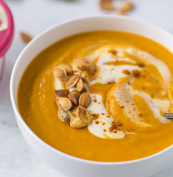 Close up of bowl of butternut squash soup