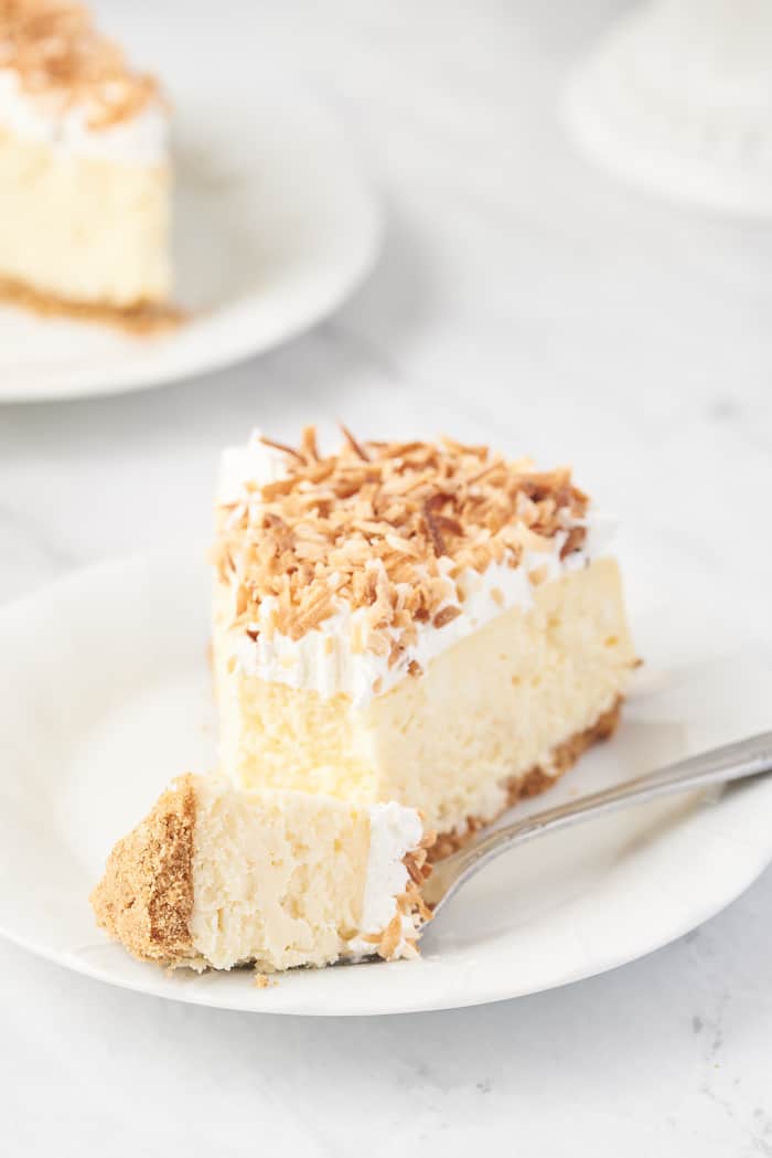 A slice of Coconut Cheesecake on a plate.