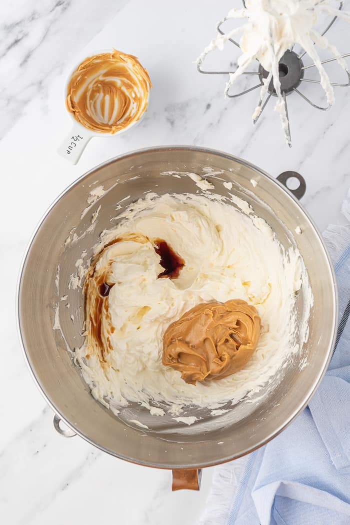 Peanut Butter Buttercream being mixed in a bowl