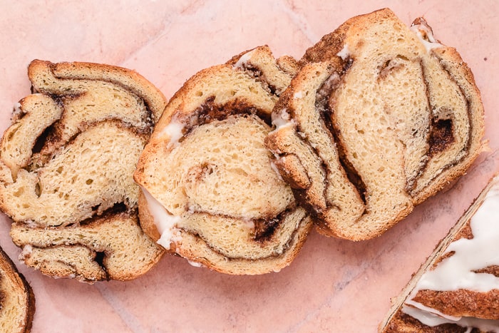 Cinnamon Swirl Bread slices with some icing. 