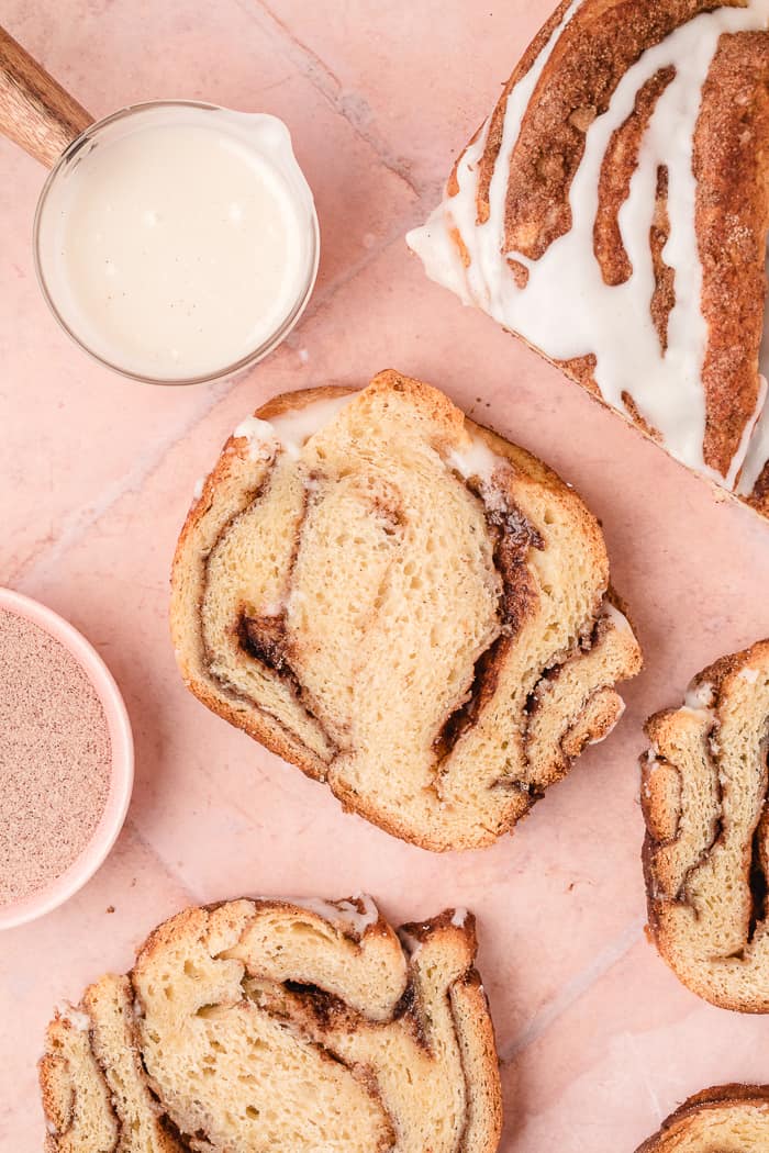 Cinnamon Swirl Bread slices with some icing. 