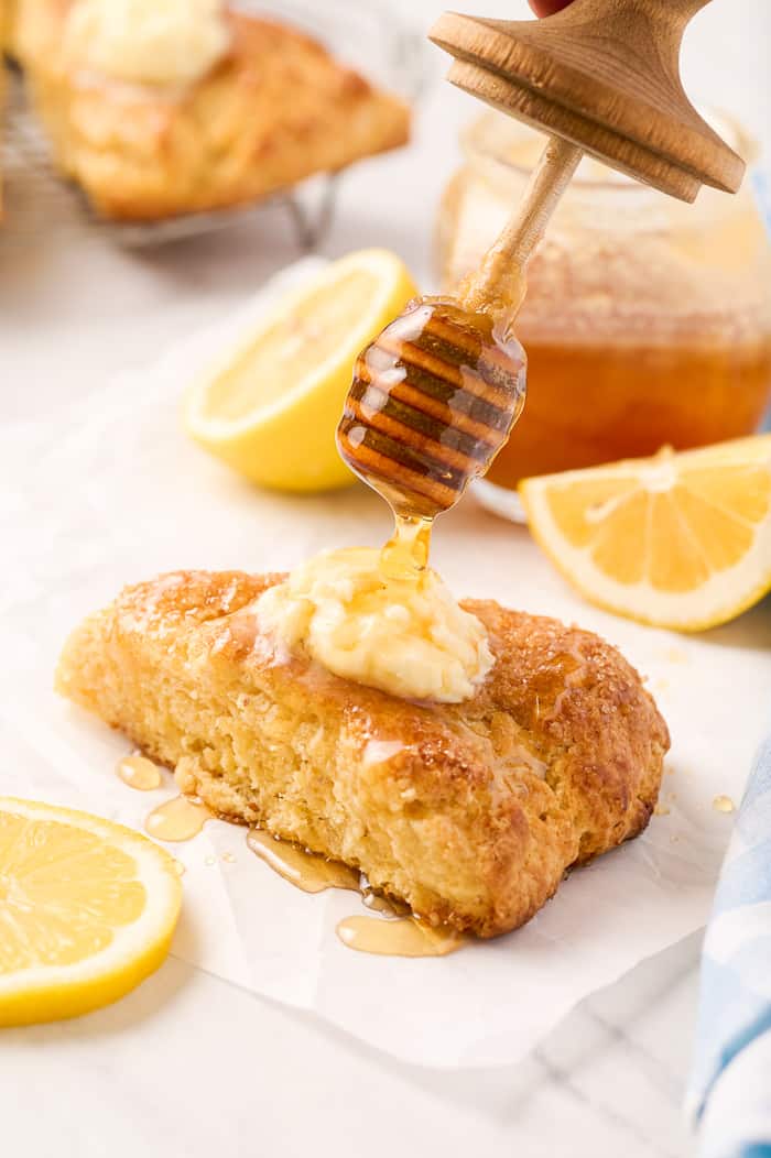 Lemon Scones with Mascarpone Cream and Honey Drizzle